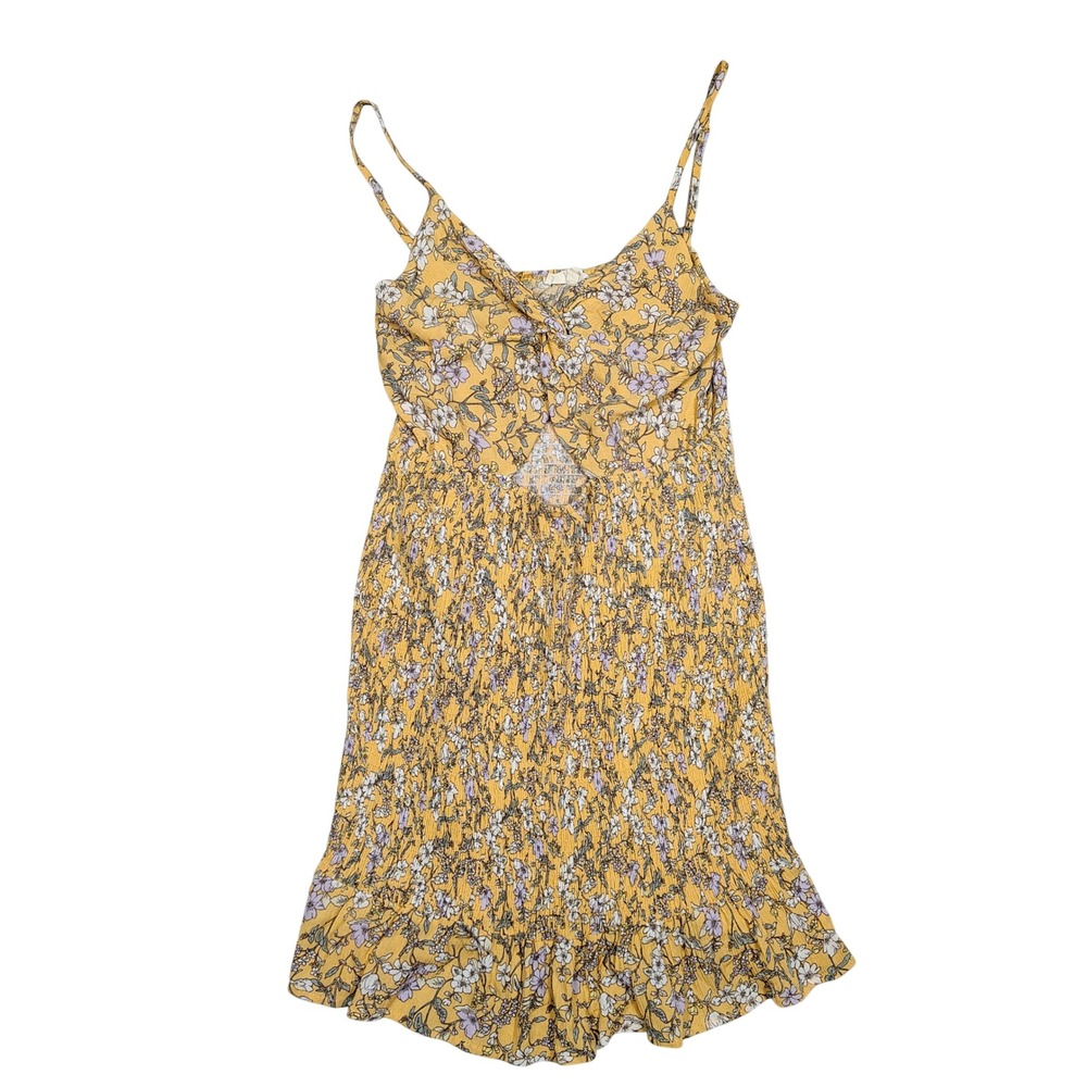 Promesa Mini Dress Womens Medium Yellow Floral Cutout Smocked Rayon YDS0102C